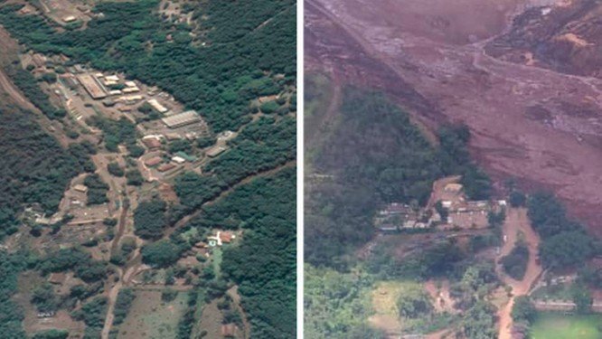 Antes e depois do rompimento da barragem do Córrego do Feijão